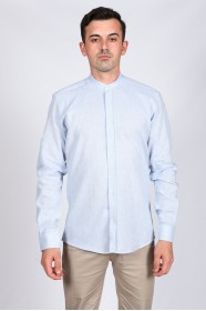 ICE BLUE PARIAMENT COLOR, LONG SLEEVE LINEN SHIRT WITH STAND-UP COLLAR