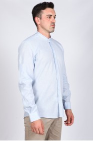 ICE BLUE PARIAMENT COLOR, LONG SLEEVE LINEN SHIRT WITH STAND-UP COLLAR