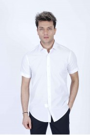 WHITE COLOUR, SHORT SLEEVE, SLIM-FIT FRONT BUTTONED COTTON SHIRT.