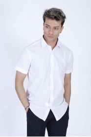 WHITE COLOUR, SHORT SLEEVE, SLIM-FIT FRONT BUTTONED COTTON SHIRT.