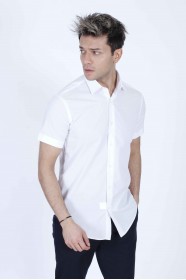 WHITE COLOUR, SHORT SLEEVE, SLIM-FIT FRONT BUTTONED COTTON SHIRT.