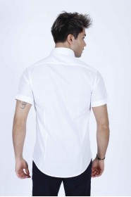 WHITE COLOUR, SHORT SLEEVE, SLIM-FIT FRONT BUTTONED COTTON SHIRT.