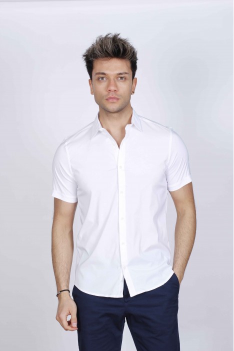 WHITE COLOUR, SHORT SLEEVE, SLIM-FIT FRONT BUTTONED COTTON SHIRT.