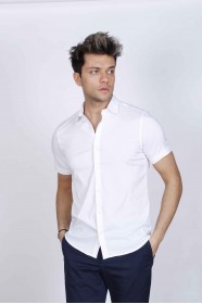 WHITE COLOUR, SHORT SLEEVE, SLIM-FIT FRONT BUTTONED COTTON SHIRT.