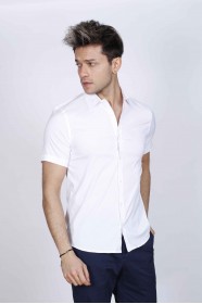 WHITE COLOUR, SHORT SLEEVE, SLIM-FIT FRONT BUTTONED COTTON SHIRT.
