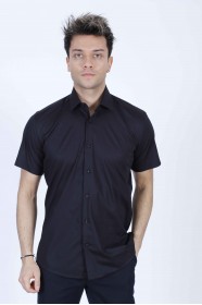 BLACK COLOUR, SHORT SLEEVE, REGULAR FIT FRONT BUTTONED SATIN SHIRT.