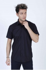 BLACK COLOUR, SHORT SLEEVE, REGULAR FIT FRONT BUTTONED SATIN SHIRT.