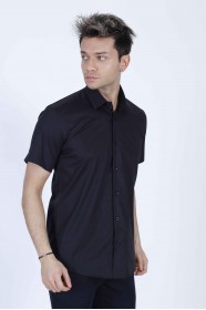 BLACK COLOUR, SHORT SLEEVE, REGULAR FIT FRONT BUTTONED SATIN SHIRT.