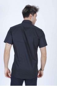 BLACK COLOUR, SHORT SLEEVE, REGULAR FIT FRONT BUTTONED SATIN SHIRT.