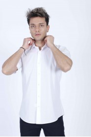 WHITE COLOUR, SHORT SLEEVE, REGULAR FIT FRONT BUTTONED SATIN SHIRT.