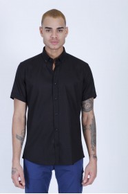 LINEN SHIRT IN BLACK COLOUR, SHORT SLEEVES, REGULAR FIT MOLD