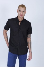 LINEN SHIRT IN BLACK COLOUR, SHORT SLEEVES, REGULAR FIT MOLD