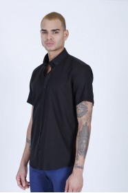 LINEN SHIRT IN BLACK COLOUR, SHORT SLEEVES, REGULAR FIT MOLD