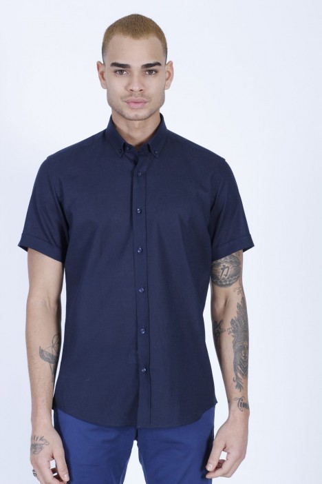 LINEN SHIRT IN NAVY BLUE COLOUR, SHORT SLEEVES, REGULAR FIT MOLD