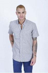 LINEN SHIRT IN KHAKI COLOUR, SHORT SLEEVES, REGULAR FIT MOLD