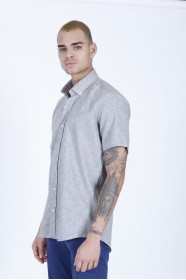 LINEN SHIRT IN KHAKI COLOUR, SHORT SLEEVES, REGULAR FIT MOLD