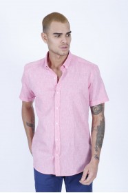 LINEN SHIRT IN PINK COLOUR, SHORT SLEEVES, REGULAR FIT MOLD