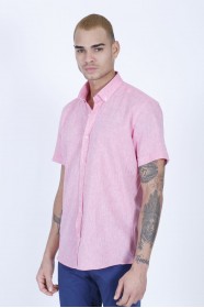 LINEN SHIRT IN PINK COLOUR, SHORT SLEEVES, REGULAR FIT MOLD