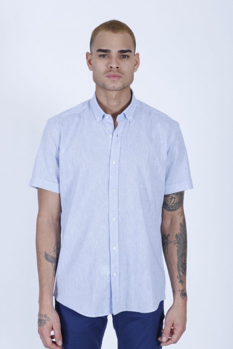 LINEN SHIRT IN ICE BLUE COLOUR, SHORT SLEEVES, REGULAR FIT MOLD