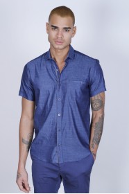 SPORT COTTON SHIRT IN NAVY BLUE COLORED, SHORT SLEEVE, SNAP-BUTTON ON THE FRONT.