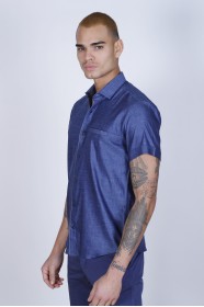 SPORT COTTON SHIRT IN NAVY BLUE COLORED, SHORT SLEEVE, SNAP-BUTTON ON THE FRONT.