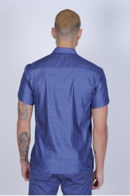 SPORT COTTON SHIRT IN NAVY BLUE COLORED, SHORT SLEEVE, SNAP-BUTTON ON THE FRONT.