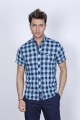 SLIM-FIT COTTON SHIRT IN BLUE COLORED, SHORT SLEEVE, SNAP-BUTTON ON THE FRONT.