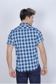 SLIM-FIT COTTON SHIRT IN TURQUOISE COLORED, SHORT SLEEVE, SNAP-BUTTON ON THE FRONT.