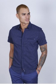 SPORT COTTON SHIRT IN NAVY BLUE COLORED, SHORT SLEEVE, SNAP-BUTTON ON THE FRONT.