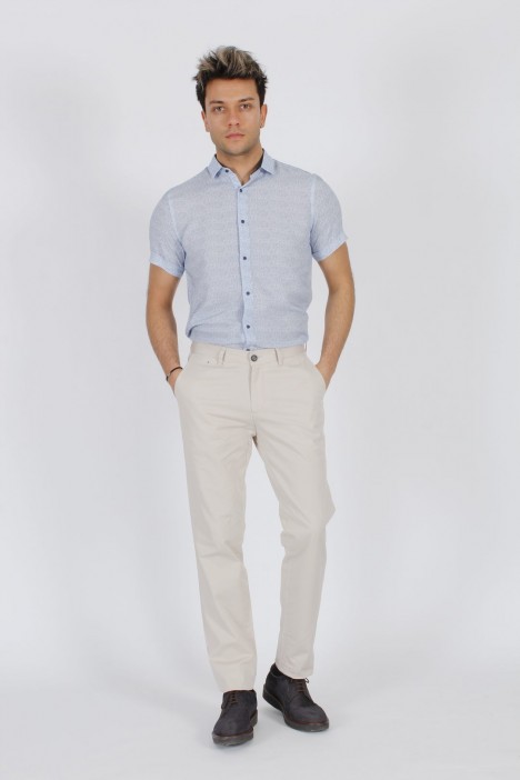 STONE COLORED, SLIM-FIT CHINO TROUSERS.