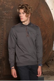 DARK GRAY COLOR POLO COLLAR SNAP-BUTTON SWEATSHIRT