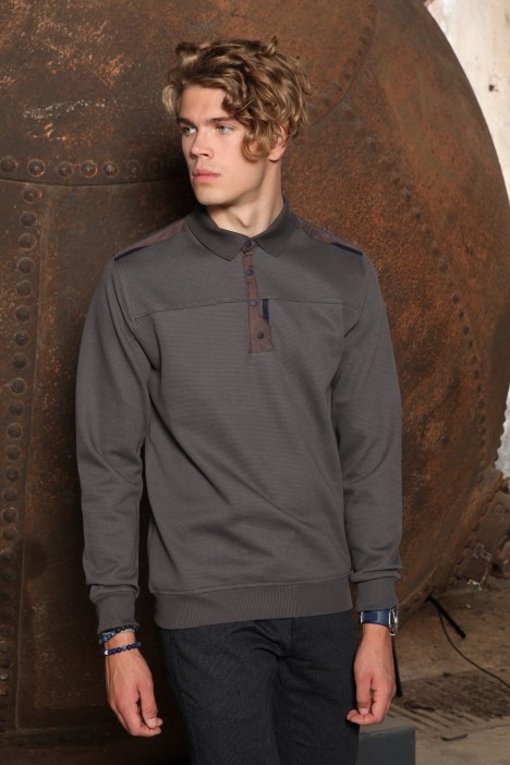 DARK GRAY COLOR POLO COLLAR SNAP-BUTTON SWEATSHIRT