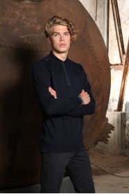 DARK NAVY BLUE COLOR POLO COLLAR SNAP-BUTTON SWEATSHIRT