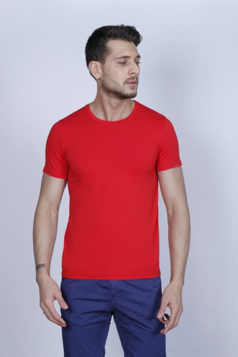 RED COLOR, SHORT SLEEVE, SLIM-FIT ROUND NECK T-SHIRT.