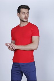 RED COLOR, SHORT SLEEVE, SLIM-FIT ROUND NECK T-SHIRT.