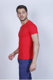 RED COLOR, SHORT SLEEVE, SLIM-FIT ROUND NECK T-SHIRT.