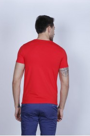 RED COLOR, SHORT SLEEVE, SLIM-FIT ROUND NECK T-SHIRT.