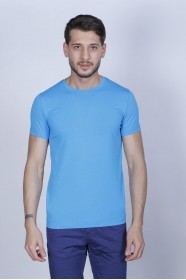 LIGHT TURQUOISE COLOR, SHORT SLEEVE, SLIM-FIT ROUND NECK T-SHIRT.