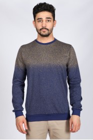 Long Sleeve, Round Neck T-Shirt. Light Navy-Mustard.