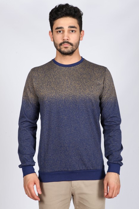 Long Sleeve, Round Neck T-Shirt. Light Navy-Mustard.