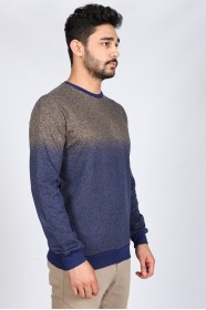 Long Sleeve, Round Neck T-Shirt. Light Navy-Mustard.