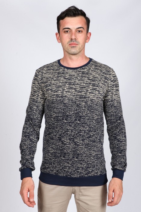 Long sleeve, round neck, light navy-beige colored, regular cotton t-shirt