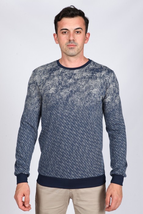 Long Sleeve, Round Neck T-Shirt. Dark Indigo-Grey.