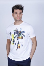 WHİTE COLORED, SHORT SLEEVE, PALM PATTERNED, COTTON LYCRA BLEND, ROUND COLLAR SUPREM T-SHIRT