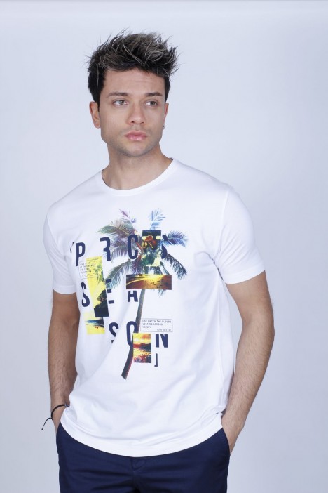 WHİTE COLORED, SHORT SLEEVE, PALM PATTERNED, COTTON LYCRA BLEND, ROUND COLLAR SUPREM T-SHIRT