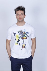 WHİTE COLORED, SHORT SLEEVE, PALM PATTERNED, COTTON LYCRA BLEND, ROUND COLLAR SUPREM T-SHIRT
