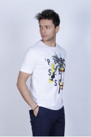 WHİTE COLORED, SHORT SLEEVE, PALM PATTERNED, COTTON LYCRA BLEND, ROUND COLLAR SUPREM T-SHIRT