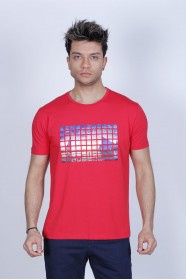 RED COLOUR, SHORT SLEEVE T-SHIRT, COTTON AND LYCRA MIXED WITH A ROUND NECK AND CONTRAST FRONT PRINT.