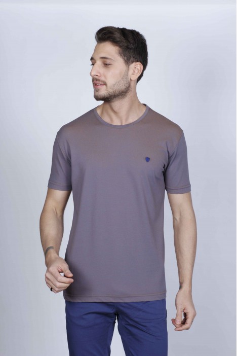 Short Sleeve Piqué Round Neck T-Shirt. Brown