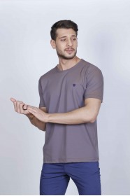 Short Sleeve Piqué Round Neck T-Shirt. Brown